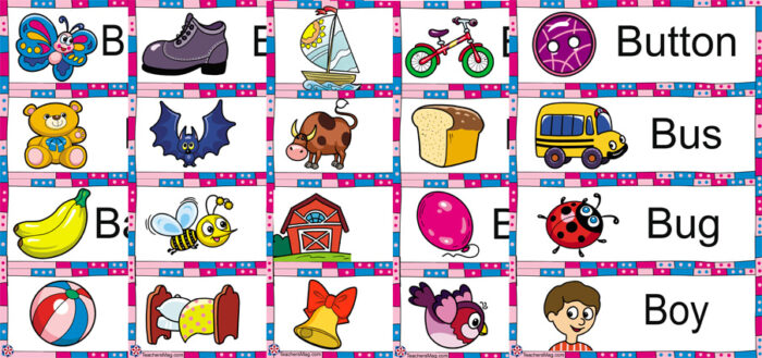 FREE* Letter B Words and Pictures Printable Cards: Bucket, Bag, Bell, Bib  (Color)